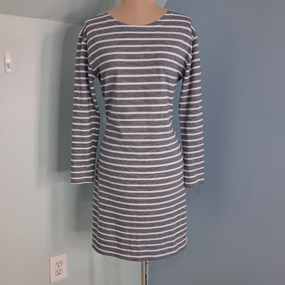 Sail to Sable Coastal Preppy Nautical‎ Blue White Striped Shift Dress Gold Sz S
